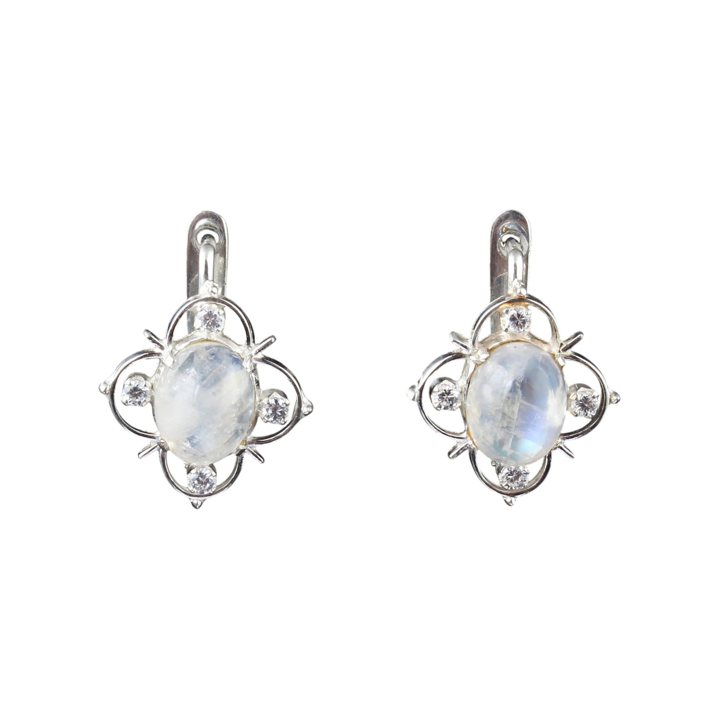Rainbow Moonstone Earrings with CZ Studded Handmade 925 Sterling Silver Lightweight Gemstone Earrings