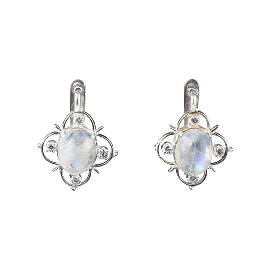 Rainbow Moonstone Earrings with CZ Studded Handmade 925 Sterling Silver Lightweight Gemstone Earrings