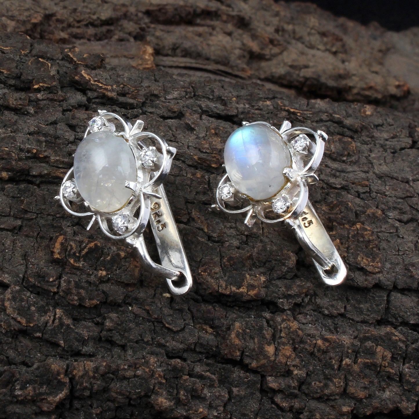 Rainbow Moonstone Earrings with CZ Studded Handmade 925 Sterling Silver Lightweight Gemstone Earrings