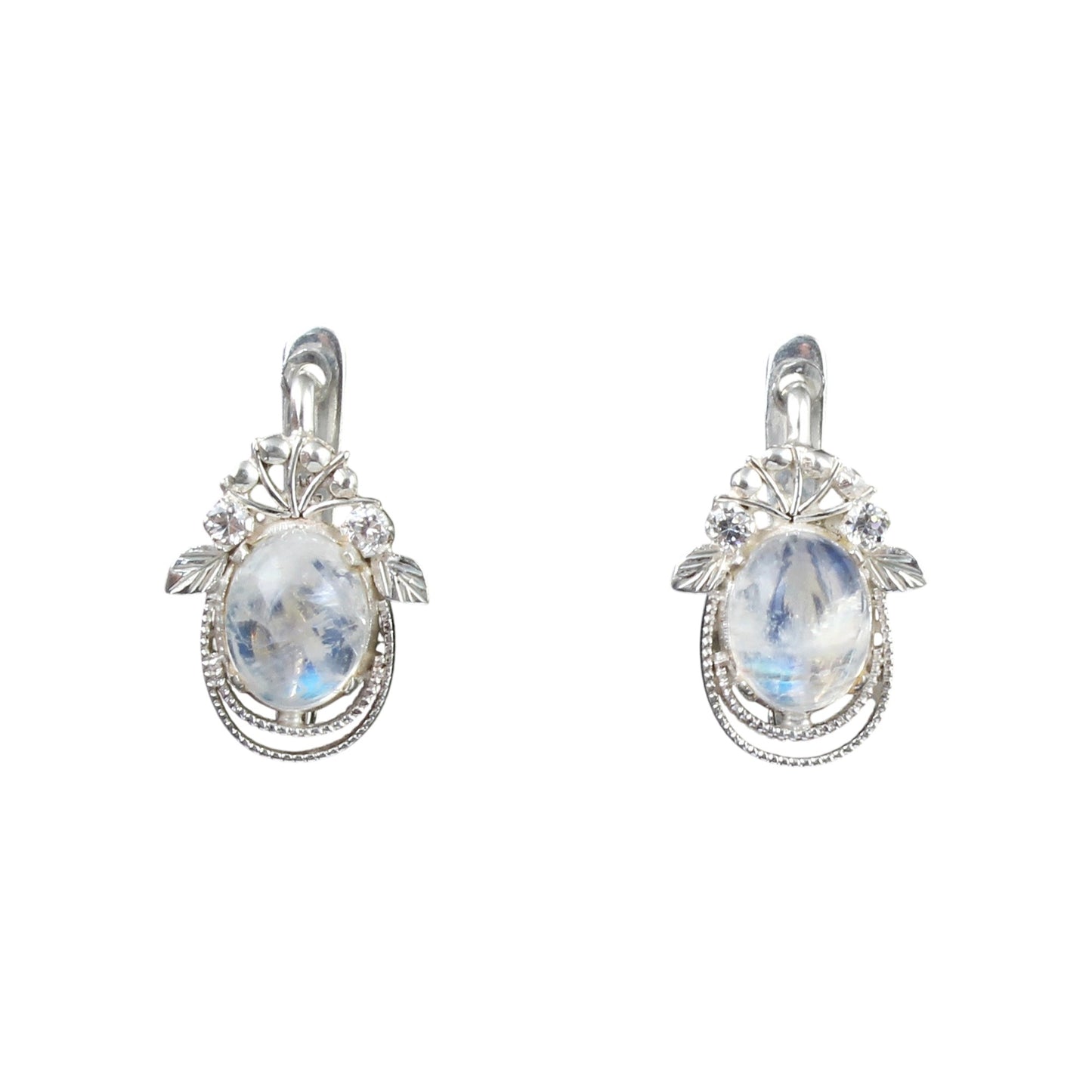 Leaf Charm Moonstone Earrings with CZ Studded Handmade Lightweight 925 Sterling Silver Minimalist Earrings