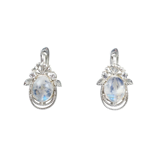 Leaf Charm Moonstone Earrings with CZ Studded Handmade Lightweight 925 Sterling Silver Minimalist Earrings