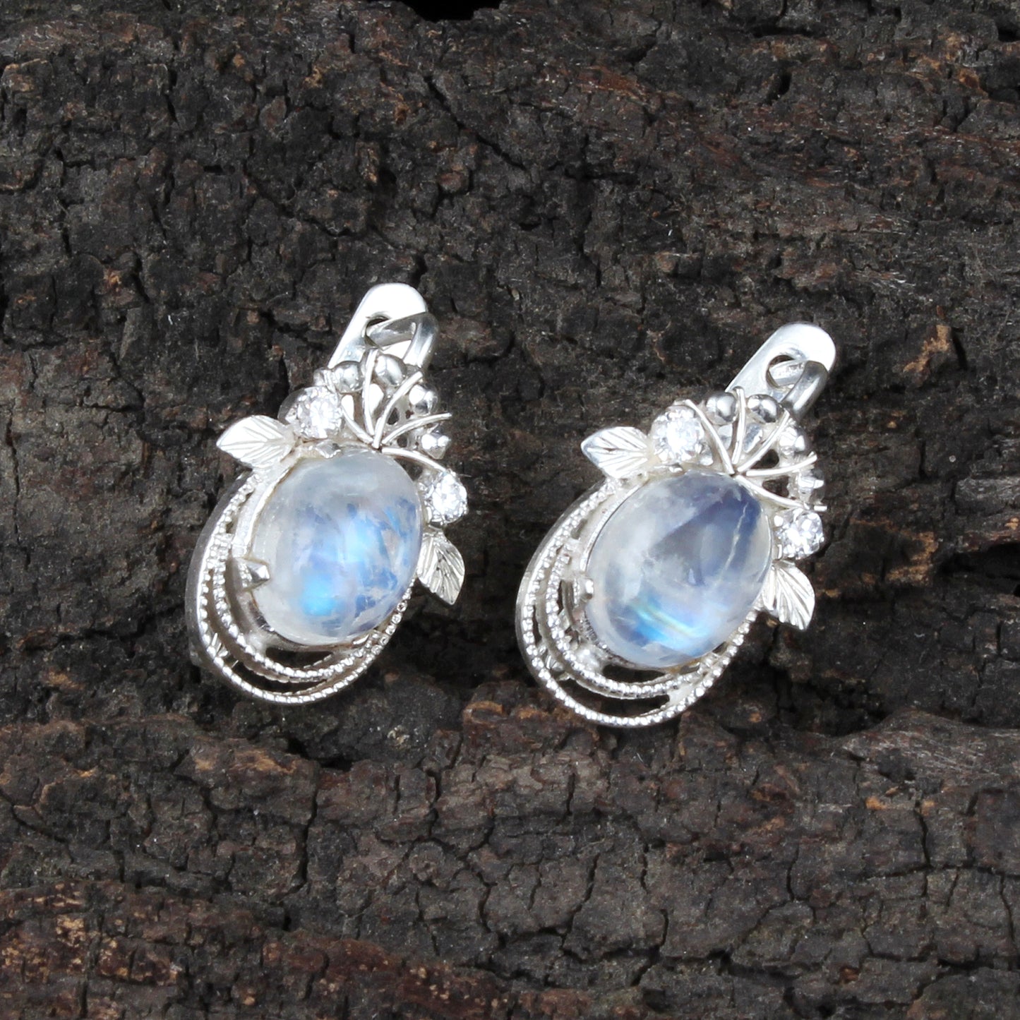 Leaf Charm Moonstone Earrings with CZ Studded Handmade Lightweight 925 Sterling Silver Minimalist Earrings