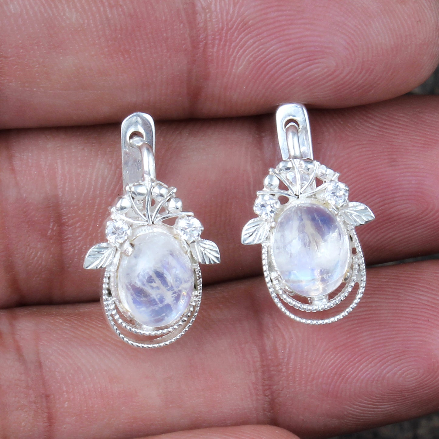 Leaf Charm Moonstone Earrings with CZ Studded Handmade Lightweight 925 Sterling Silver Minimalist Earrings