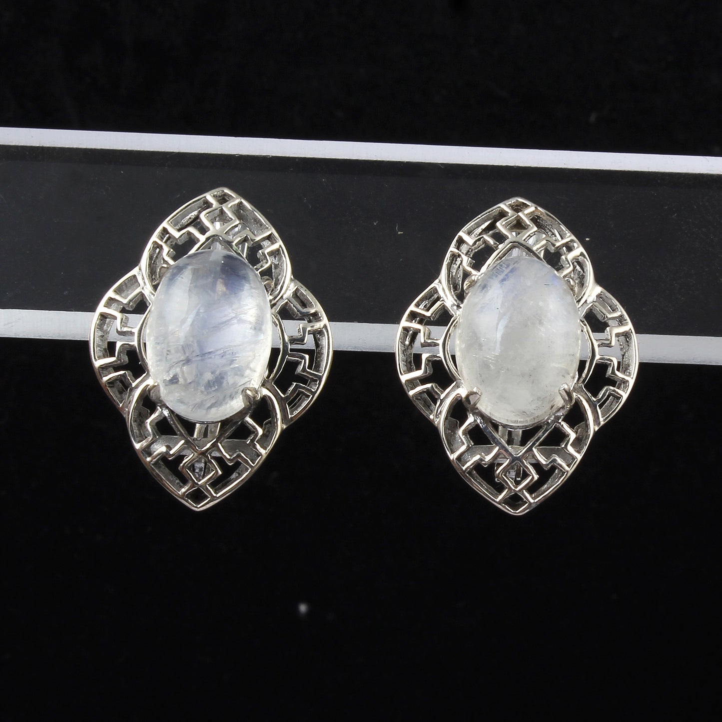 Vintage Rainbow Moonstone Earrings Handmade Bohemian 925 Sterling Silver Prong Setting Natural Gemstone Earrings