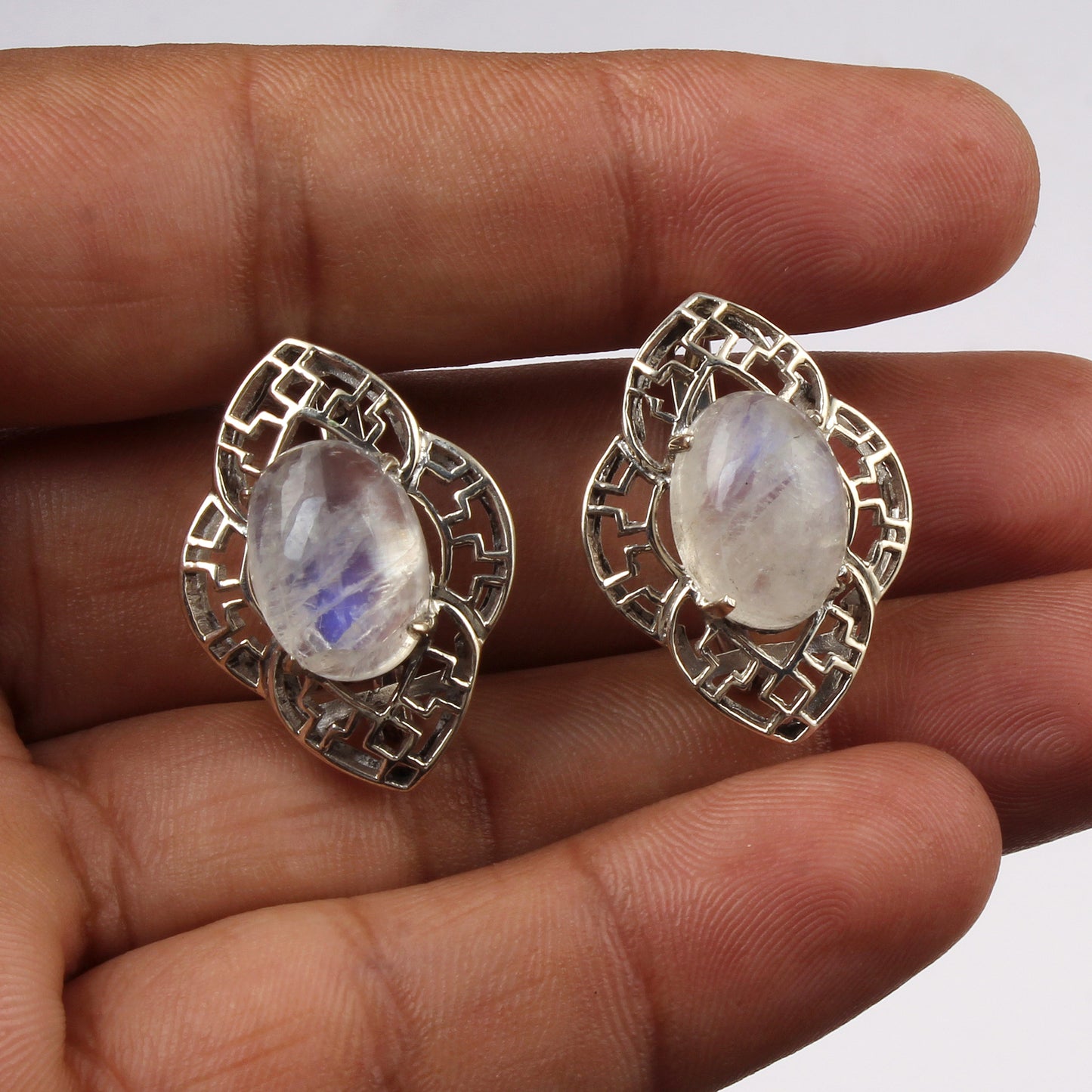 Vintage Rainbow Moonstone Earrings Handmade Bohemian 925 Sterling Silver Prong Setting Natural Gemstone Earrings