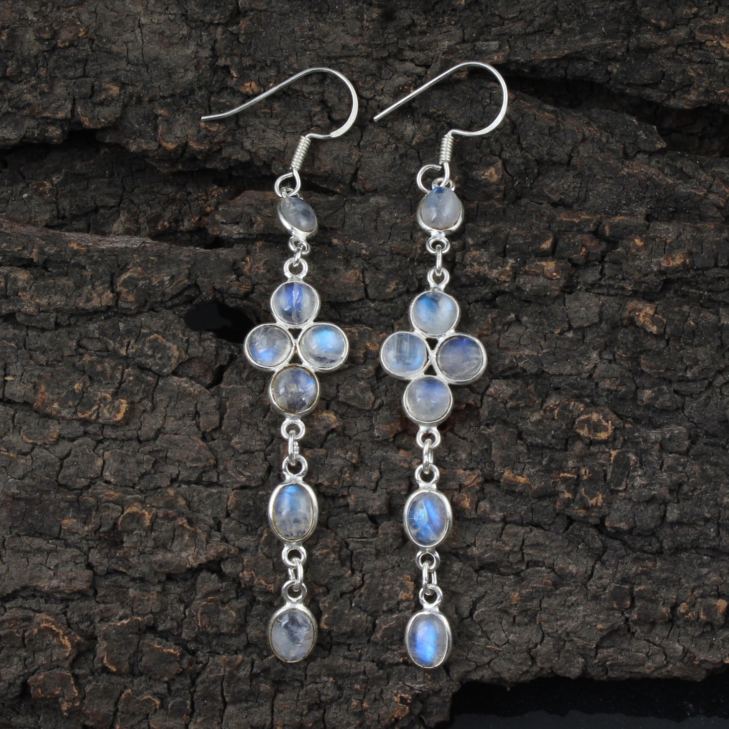 Long Dangle Rainbow Moonstone Earrings 925 Sterling Silver Earrings Handmade White Rainbow Jewelry