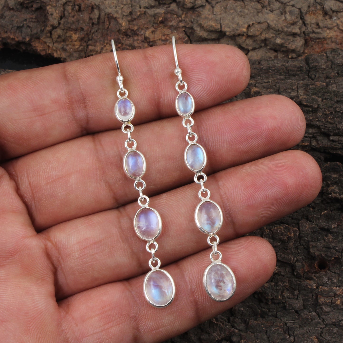 Long Dangle Rainbow Moonstone Earrings 925 Sterling Silver Earrings Handmade White Rainbow Earrings