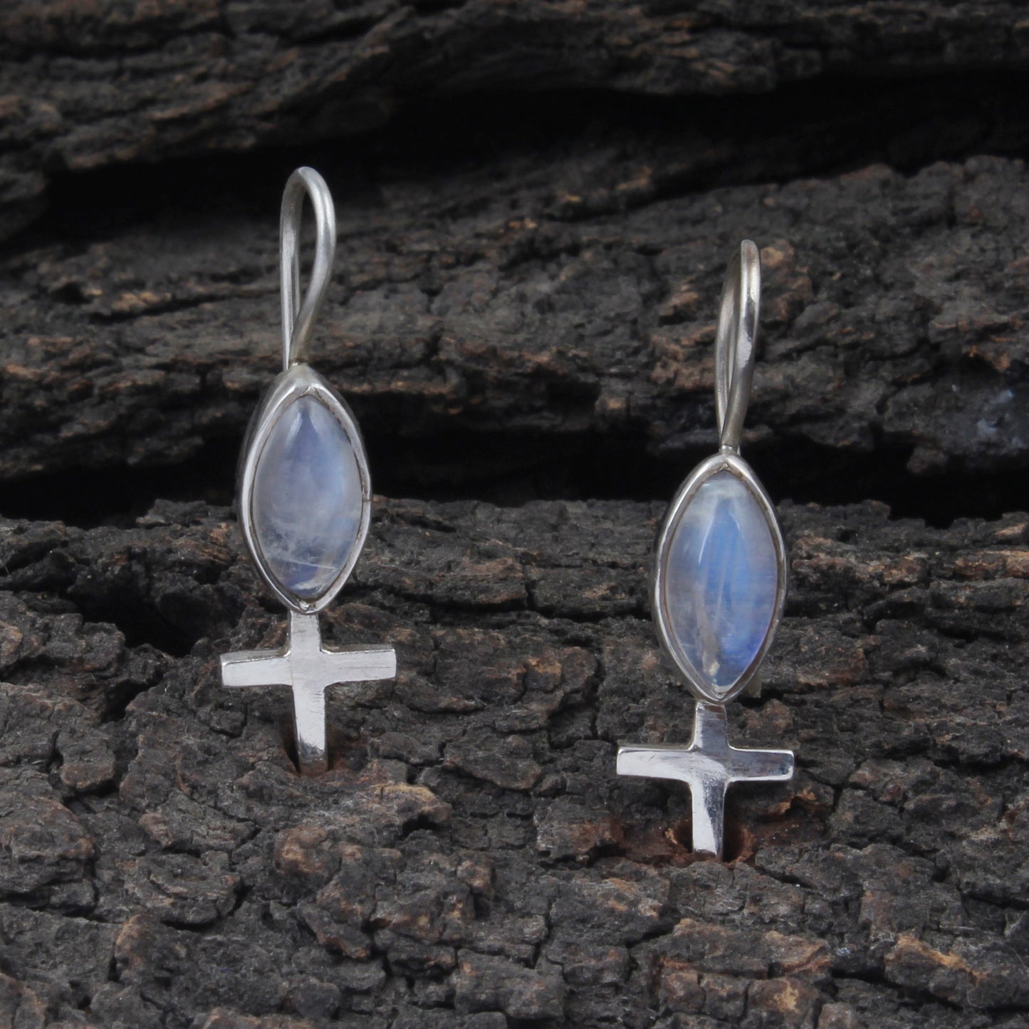 Rainbow Moonstone Earrings Cross 925 Sterling Silver Earrings Handmade White Rainbow Earrings Jewelry