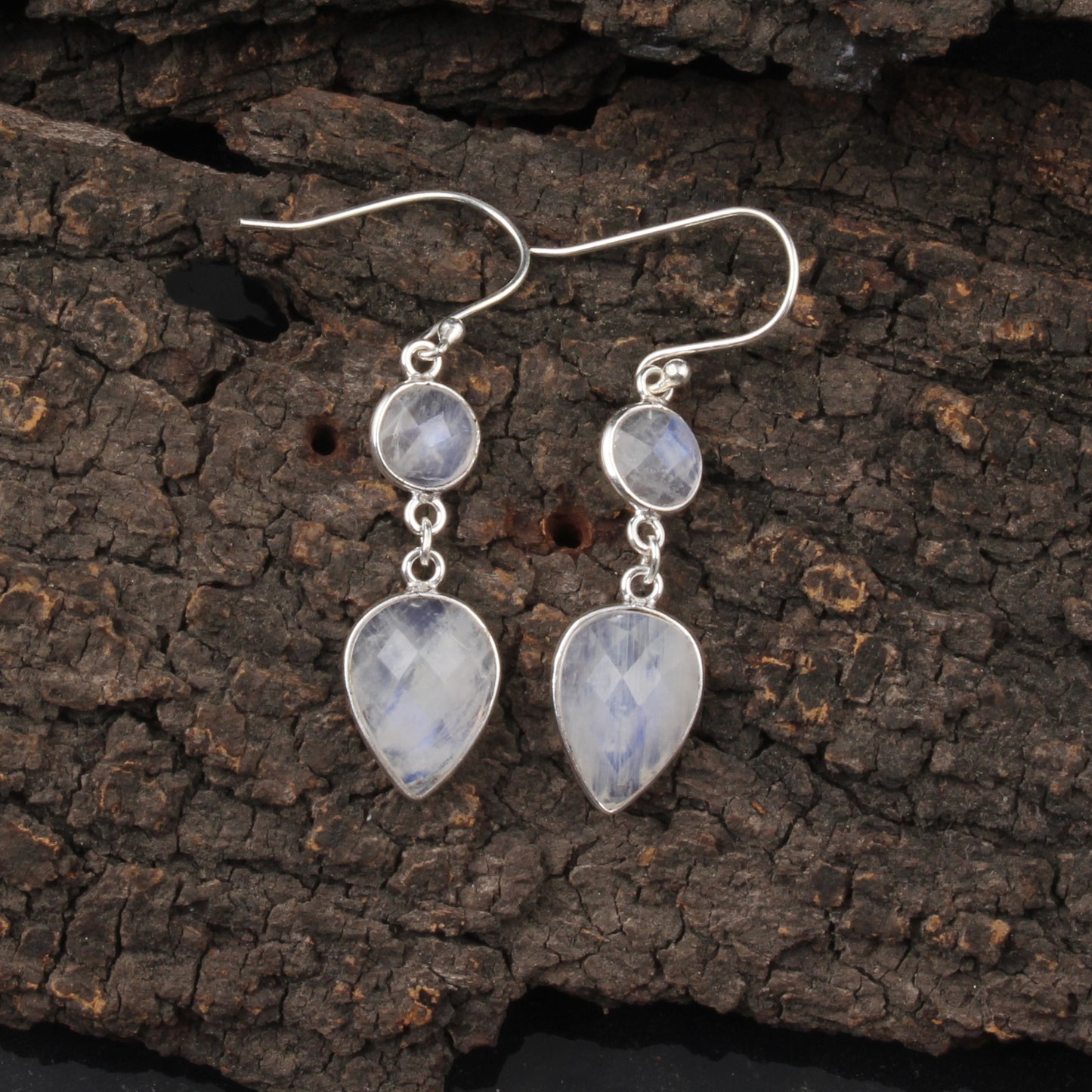 Rainbow Moonstone Bezel Earrings 925 Sterling Silver Earrings Handmade Dangle Natural White Rainbow Earrings