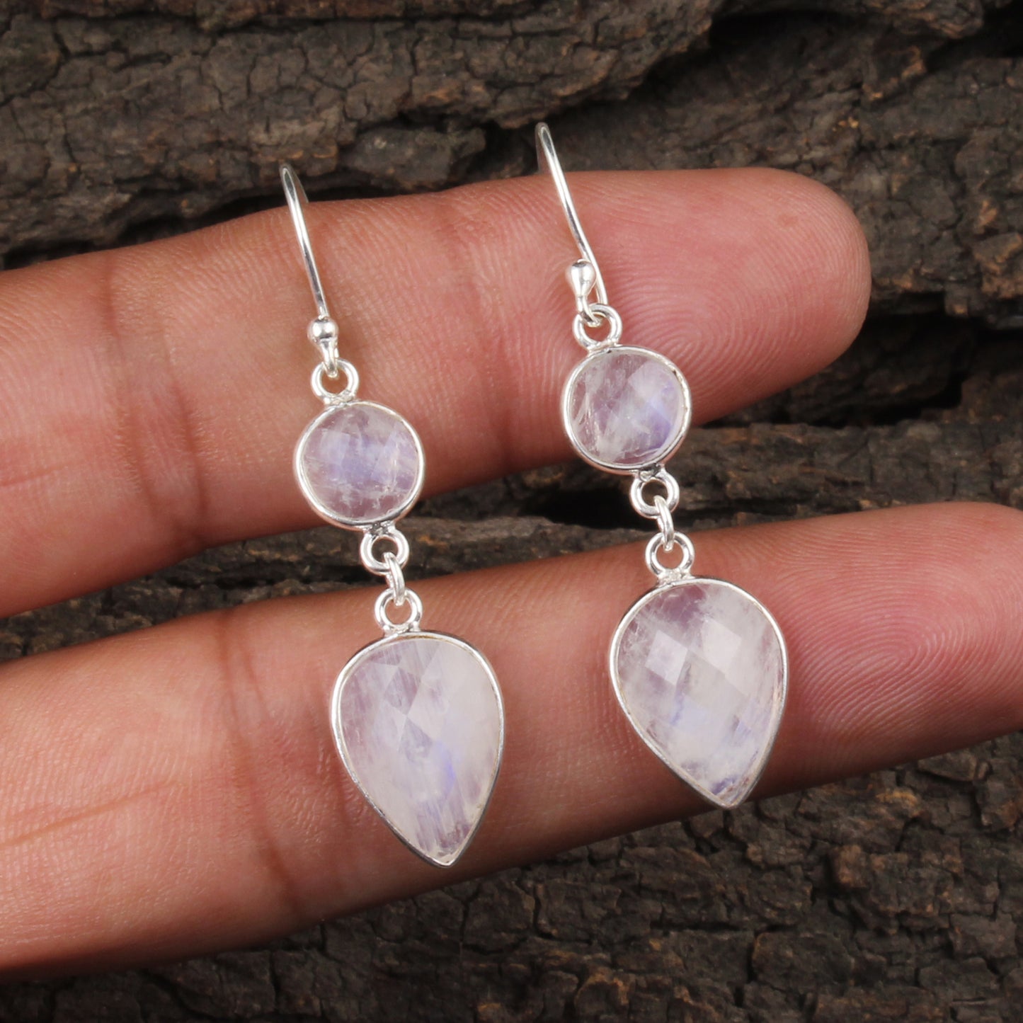 Rainbow Moonstone Bezel Earrings 925 Sterling Silver Earrings Handmade Dangle Natural White Rainbow Earrings