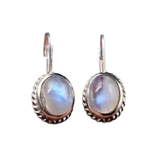 Rainbow Moonstone Lever Back Earrings Twisted Wire Design 925 Sterling Silver Earrings Handmade White Rainbow Earrings