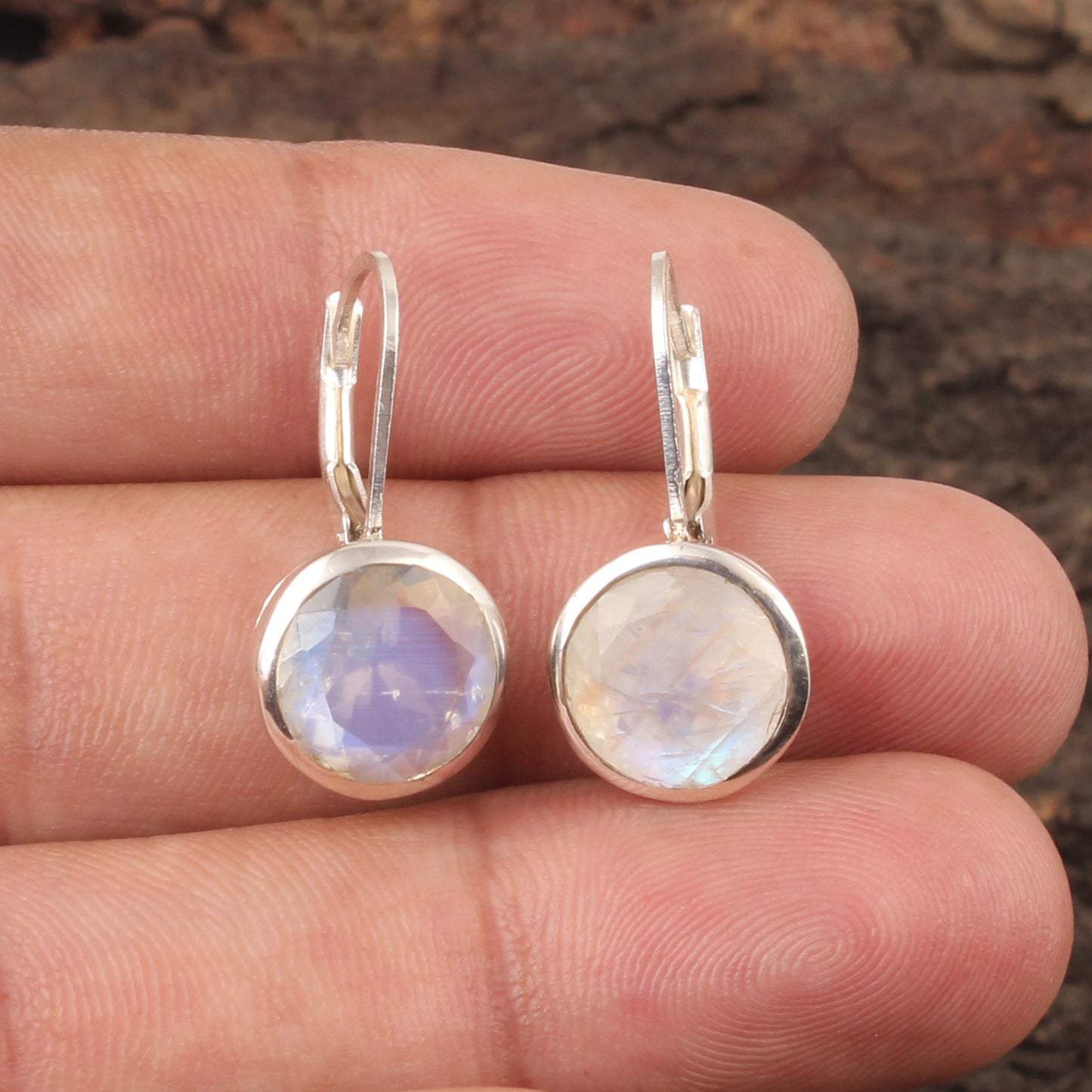 Rainbow Moonstone Lever Back Earrings 925 Sterling Silver Earrings Handmade Round Faceted Blue Flash Rainbow Earrings