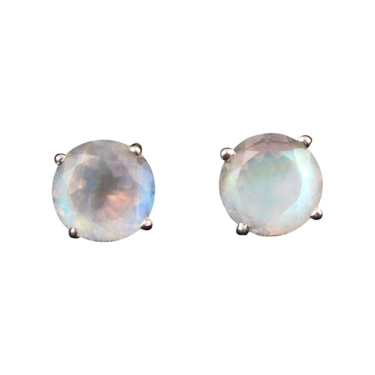 Rainbow Moonstone Stud Earrings Prong Setting 925 Sterling Silver Earrings Handmade Round Shape White Rainbow Earrings