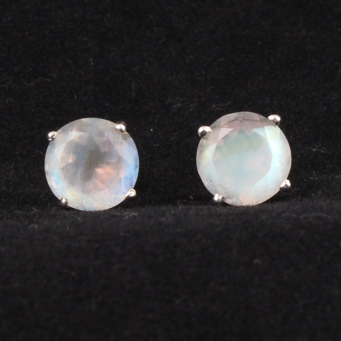Rainbow Moonstone Stud Earrings Prong Setting 925 Sterling Silver Earrings Handmade Round Shape White Rainbow Earrings
