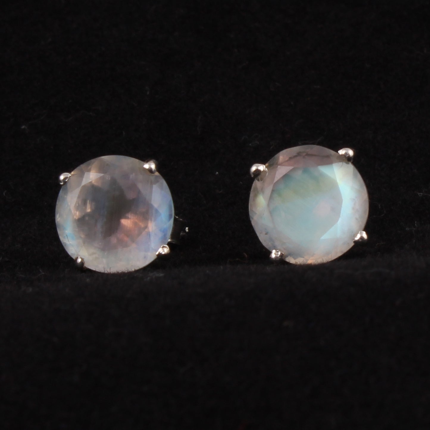 Rainbow Moonstone Stud Earrings Prong Setting 925 Sterling Silver Earrings Handmade Round Shape White Rainbow Earrings