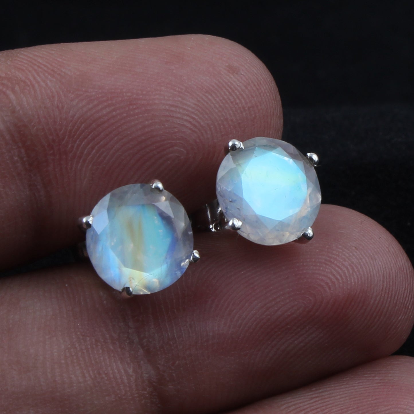 Rainbow Moonstone Stud Earrings Prong Setting 925 Sterling Silver Earrings Handmade Round Shape White Rainbow Earrings