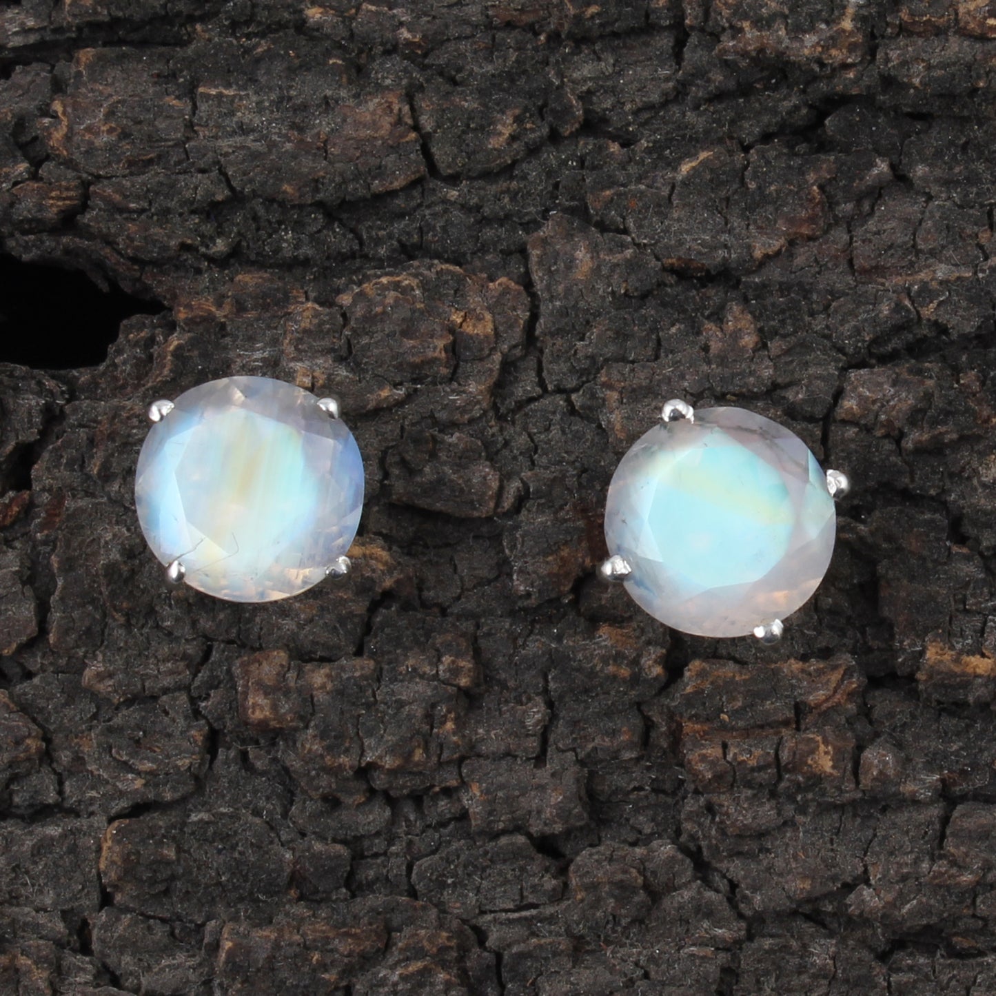 Rainbow Moonstone Stud Earrings Prong Setting 925 Sterling Silver Earrings Handmade Round Shape White Rainbow Earrings