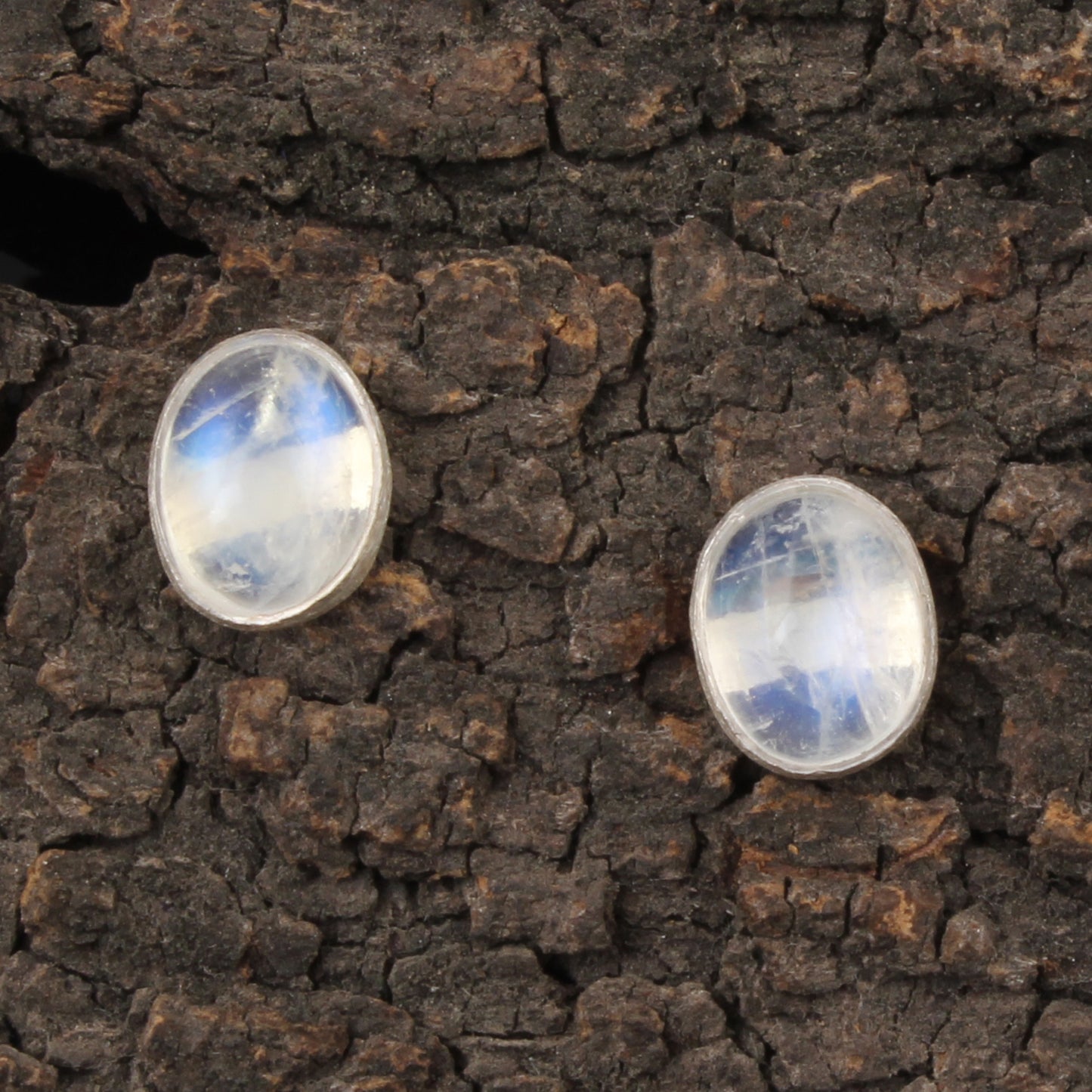 Rainbow Moonstone Stud Earrings Matte Finish 925 Sterling Silver Earrings Handmade Oval Shape White Rainbow Earrings