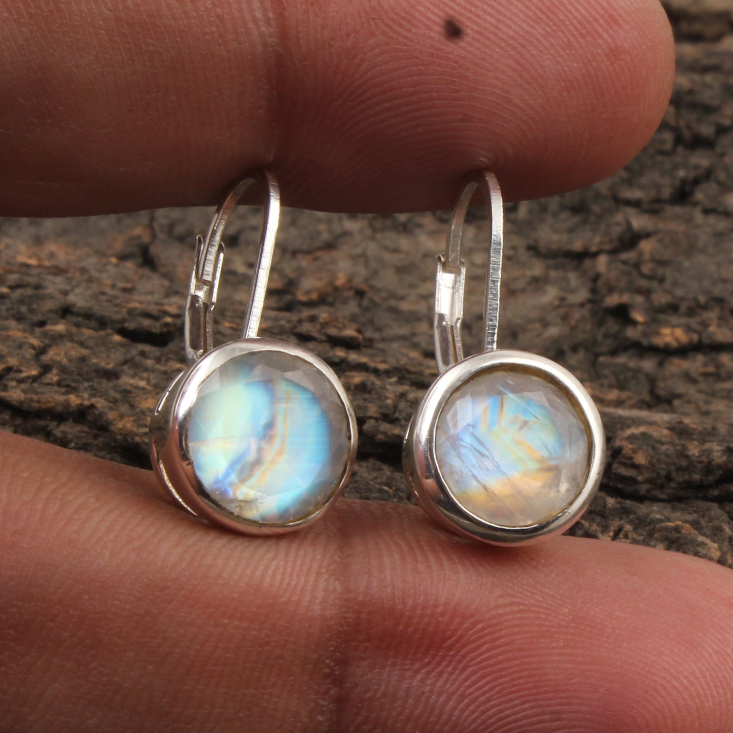 Natural Rainbow Moonstone Lever Back Earrings 925 Sterling Silver Earrings Handmade Round Faceted Blue Flash Rainbow Earrings