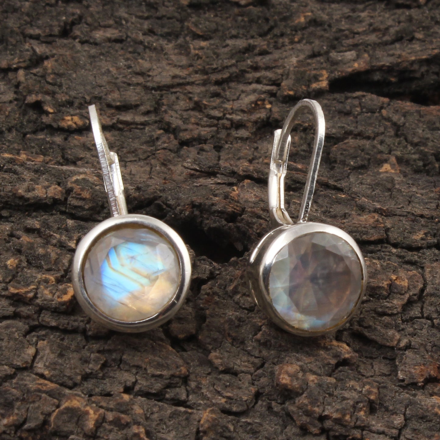 Natural Rainbow Moonstone Lever Back Earrings 925 Sterling Silver Earrings Handmade Round Faceted Blue Flash Rainbow Earrings