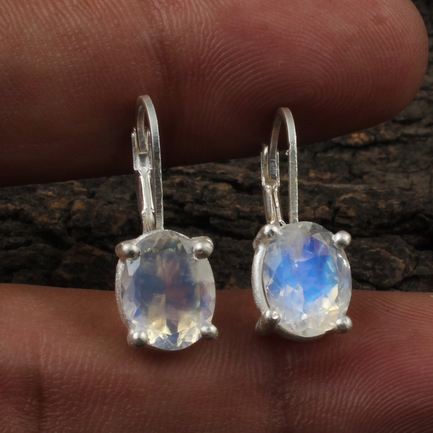 Rainbow Moonstone Lever Back Earrings 925 Sterling Silver Earrings Handmade Oval Faceted Blue Flash Rainbow Earrings