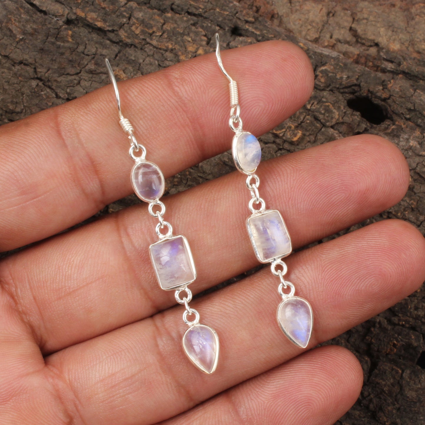 Rainbow Moonstone Dangle Earrings 925 Sterling Silver Earrings Handmade Natural White Rainbow Earrings