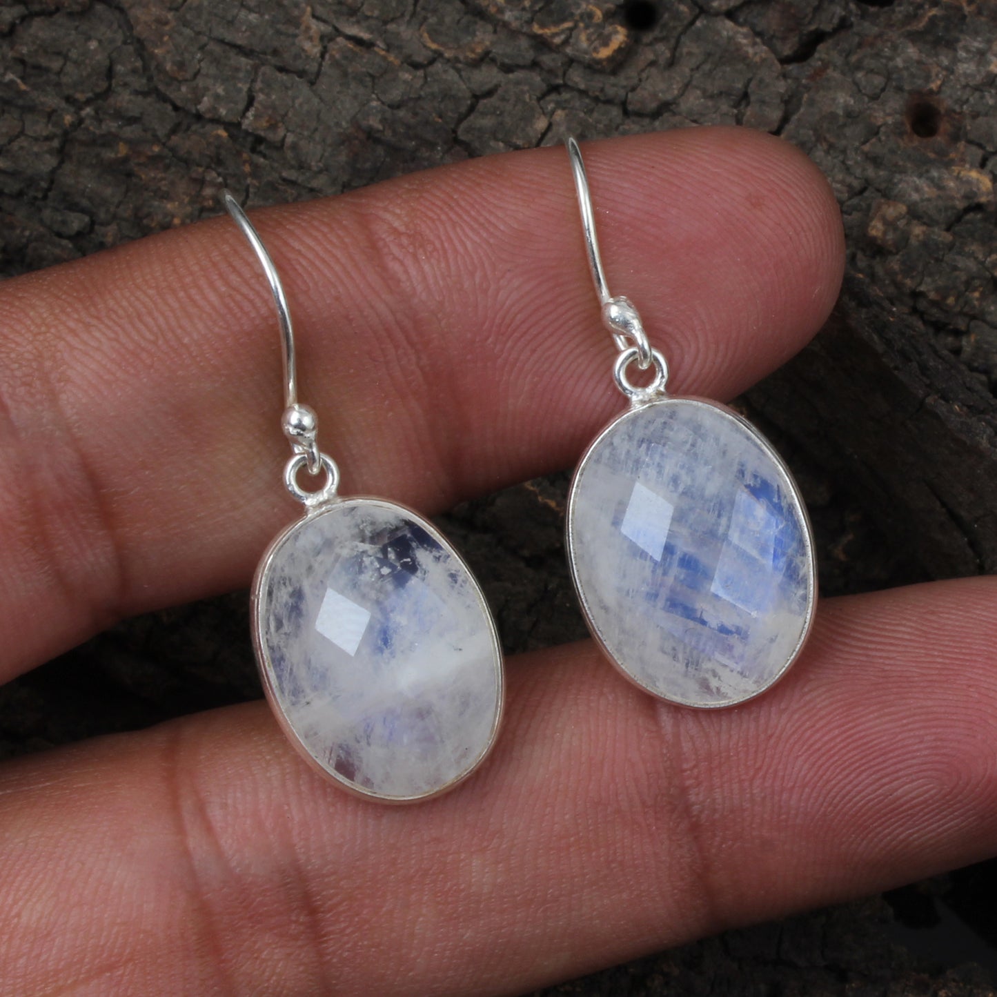 Natural Faceted Rainbow Moonstone Earrings 925 Sterling Silver Earrings Handmade Dangle Oval White Rainbow Earrings