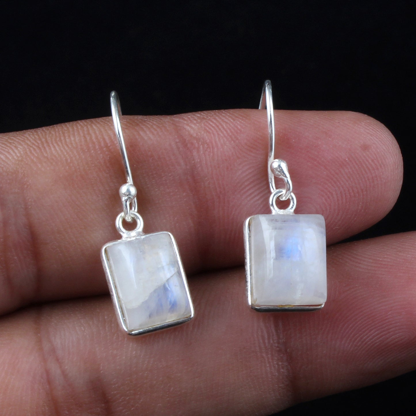 Rainbow Moonstone Earrings Bezel 925 Sterling Silver Jewelry Handmade Dangle White Rainbow Earrings