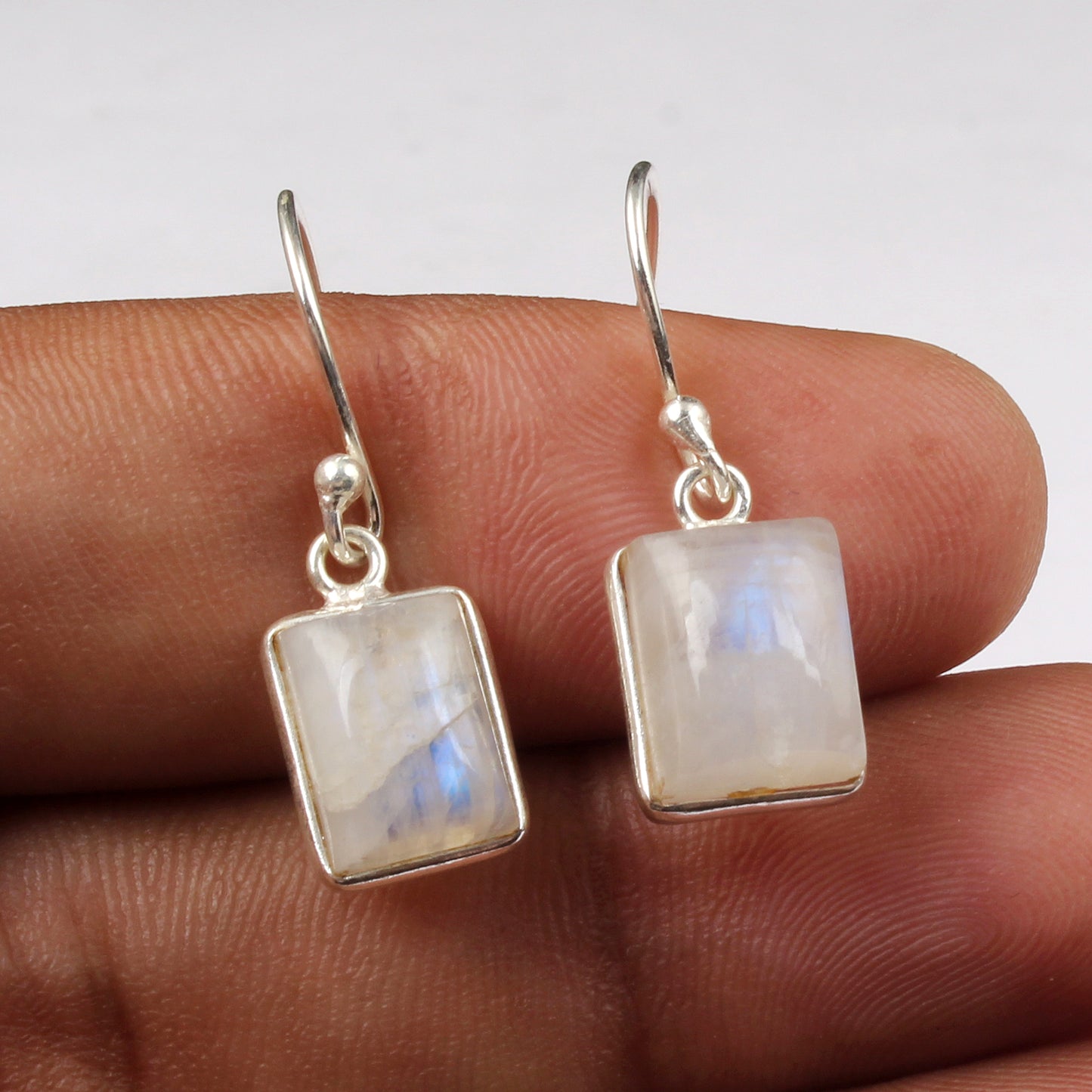 Rainbow Moonstone Earrings Bezel 925 Sterling Silver Jewelry Handmade Dangle White Rainbow Earrings