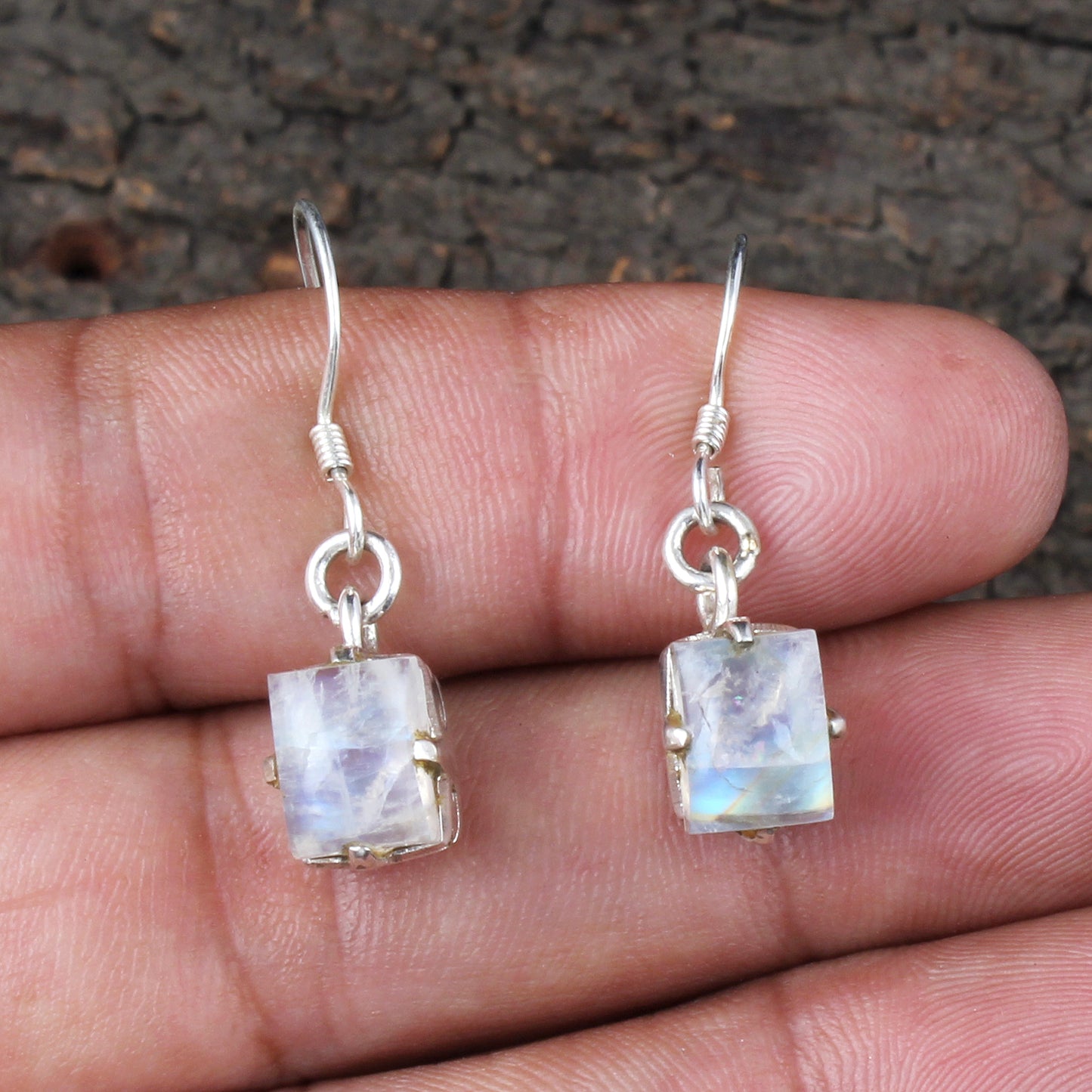 Rainbow Moonstone Earrings 925 Sterling Silver Earrings Handmade Prong Setting White Rainbow Earrings