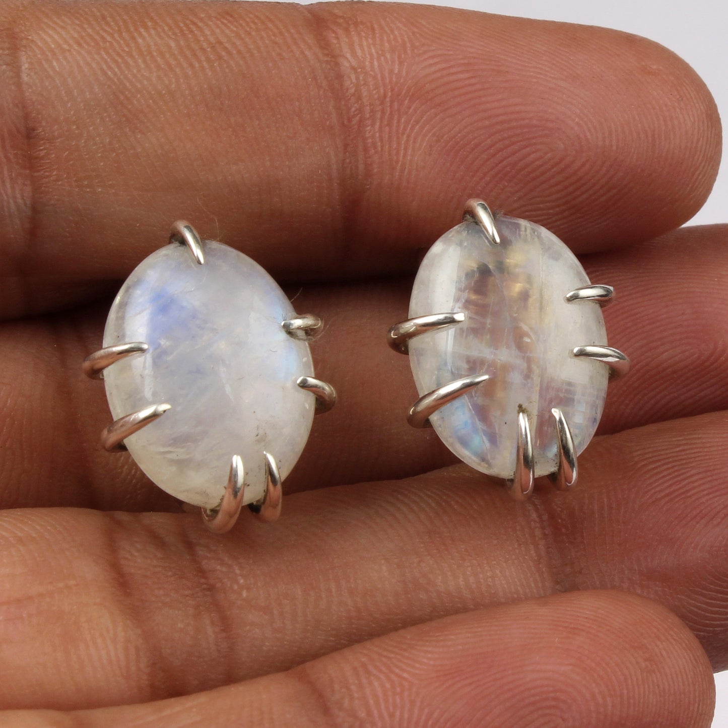 Rainbow Moonstone Stud Earrings 925 Sterling Silver Earrings Handmade Prong Setting White Rainbow Earrings