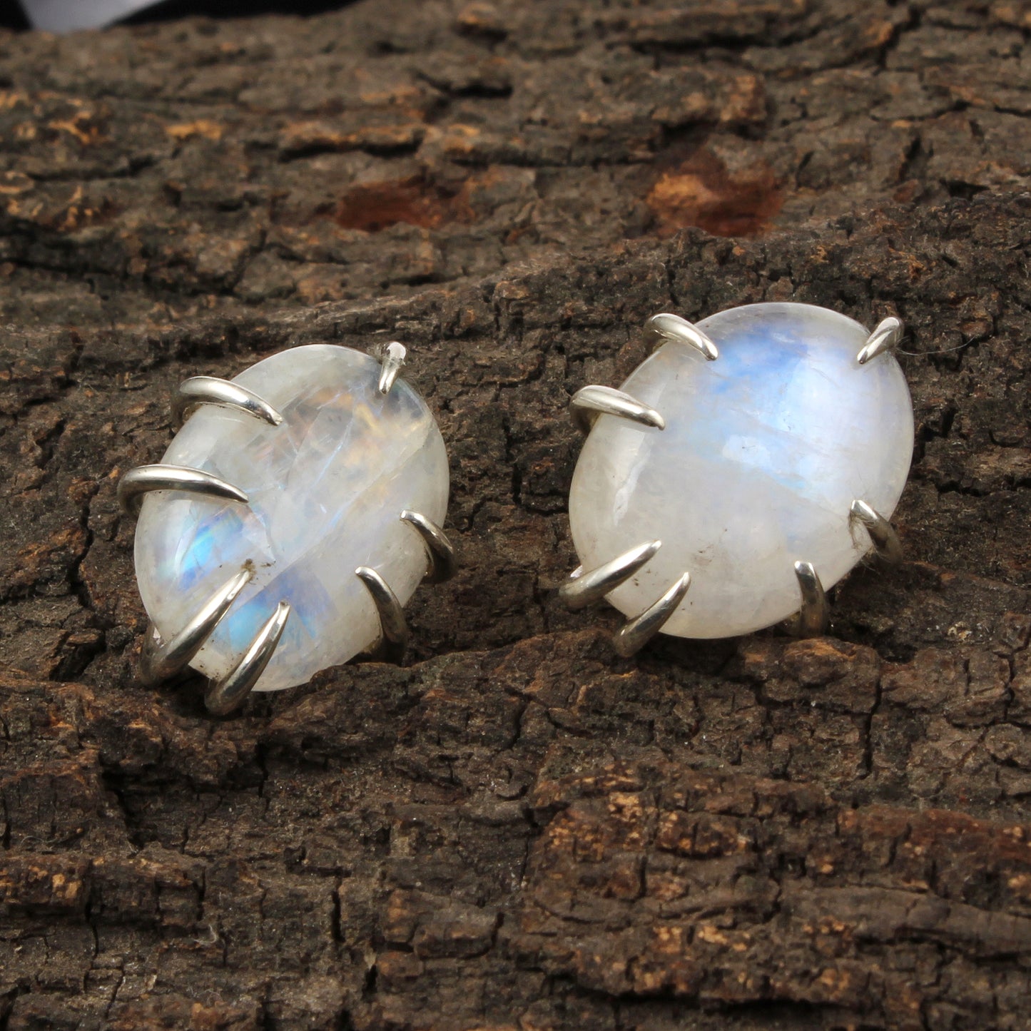 Rainbow Moonstone Stud Earrings 925 Sterling Silver Earrings Handmade Prong Setting White Rainbow Earrings
