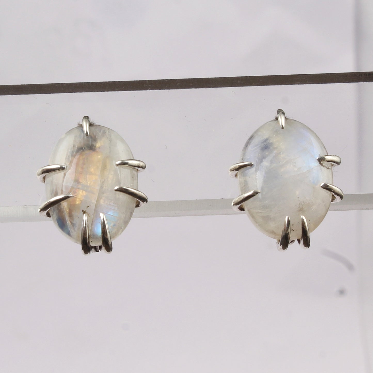 Rainbow Moonstone Stud Earrings 925 Sterling Silver Earrings Handmade Prong Setting White Rainbow Earrings
