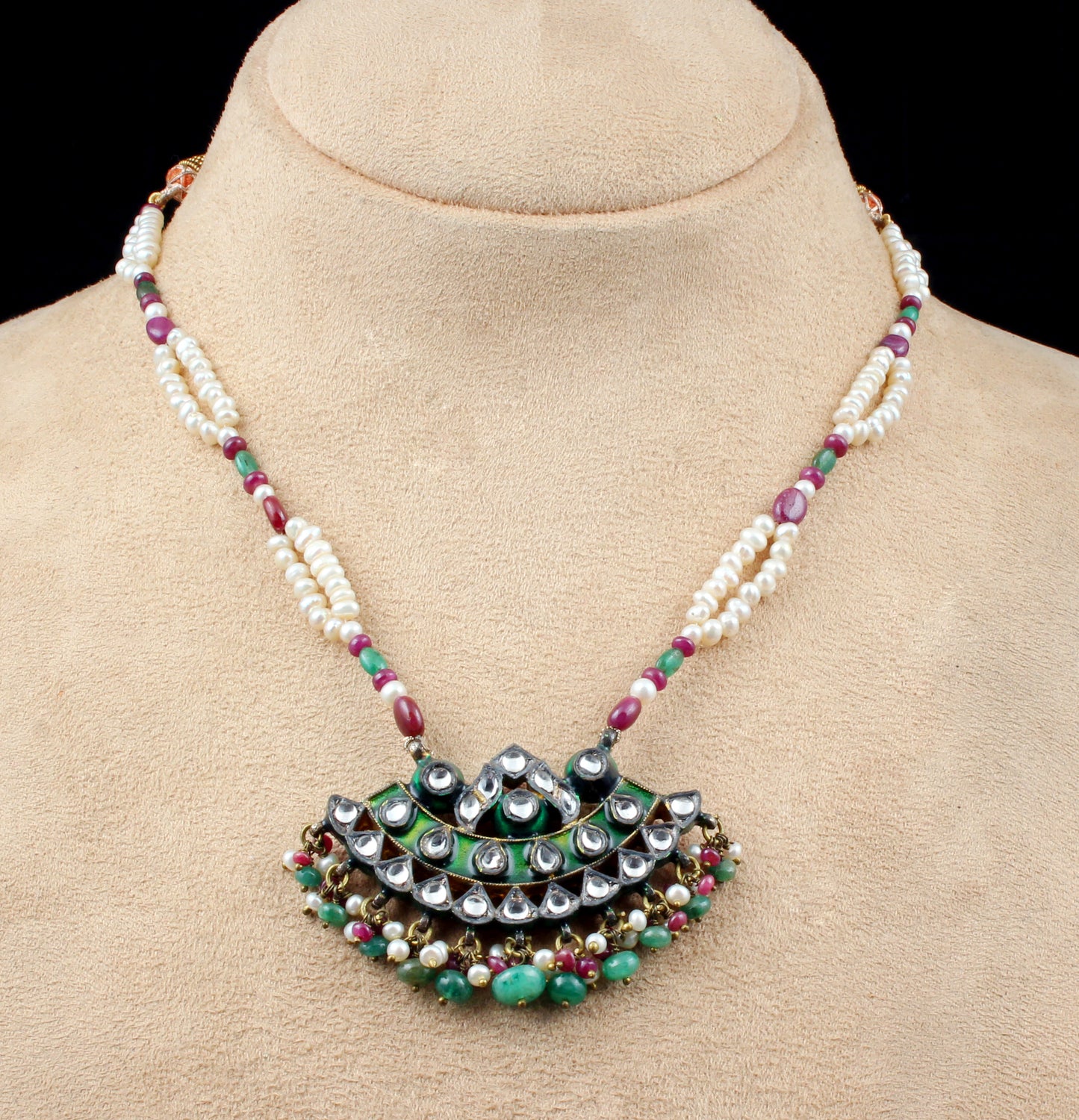 Ruby Emerald Pearl Silver Jewelry With Meena Set