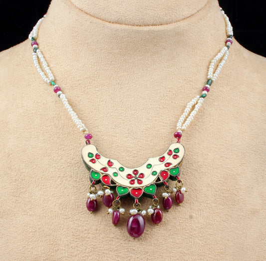 Ruby Emerald Pearl Silver Jewelry With Meena Set