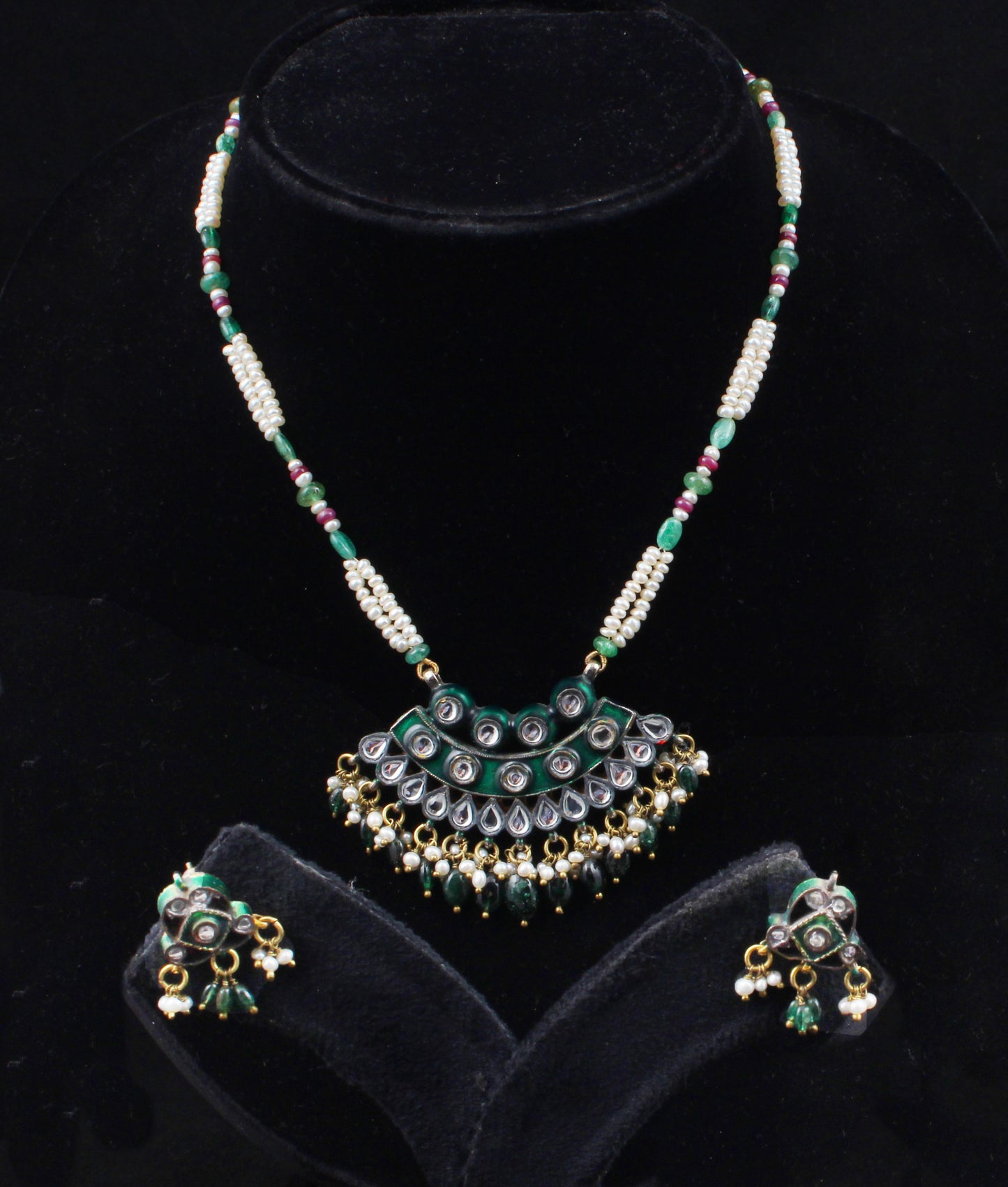 Ruby Emerald Pearl Silver Jewelry With Meena Set