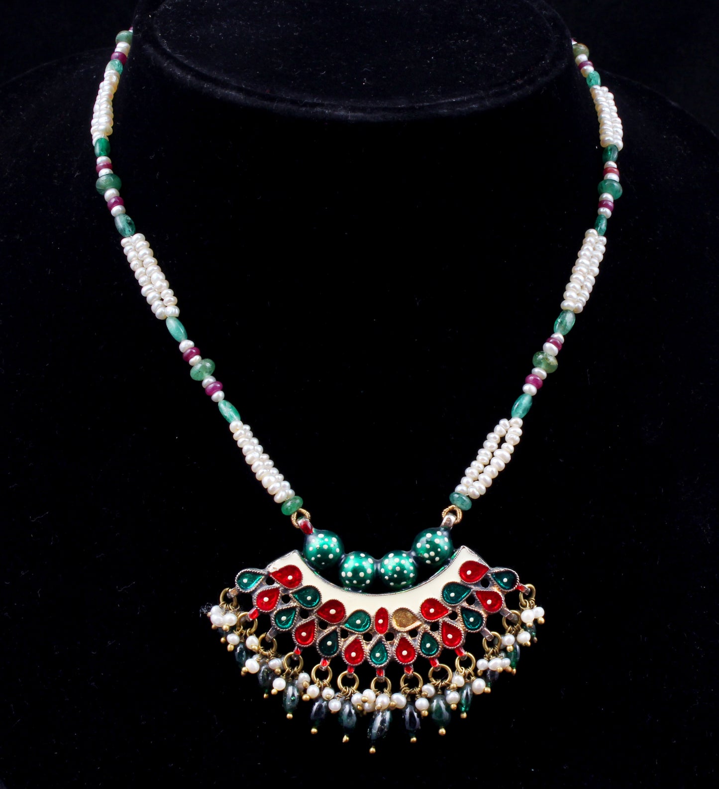 Ruby Emerald Pearl Silver Jewelry With Meena Set