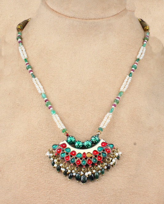 Ruby Emerald Pearl Silver Jewelry With Meena Set