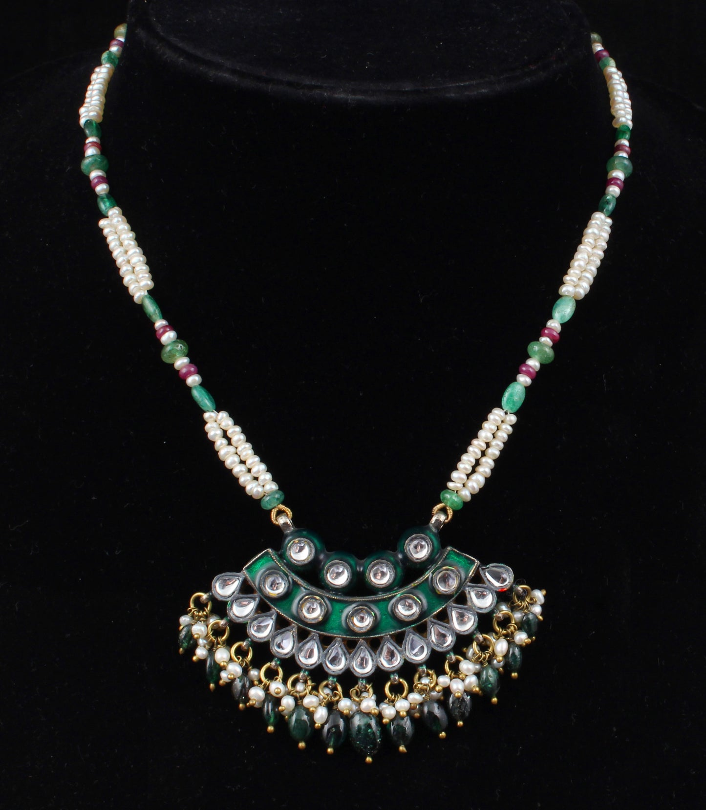 Ruby Emerald Pearl Silver Jewelry With Meena Set