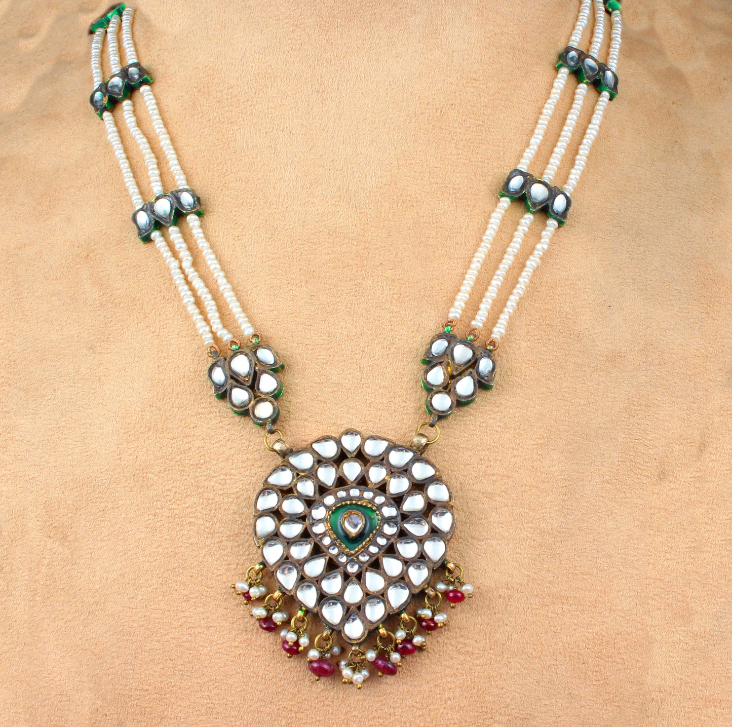 Ruby Emerald Pearl Silver Jewelry With Meena Set