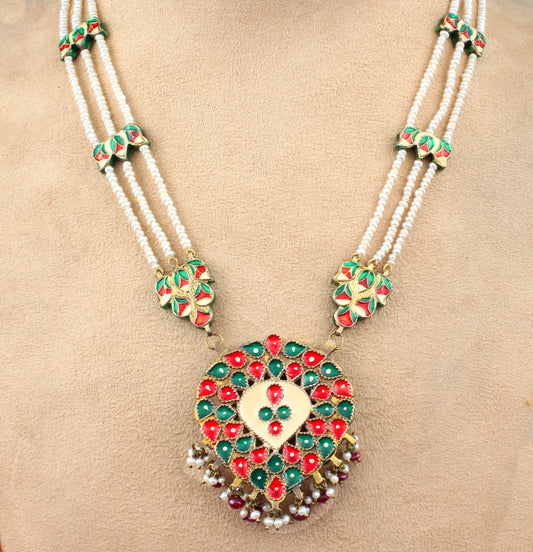 Ruby Emerald Pearl Silver Jewelry With Meena Set