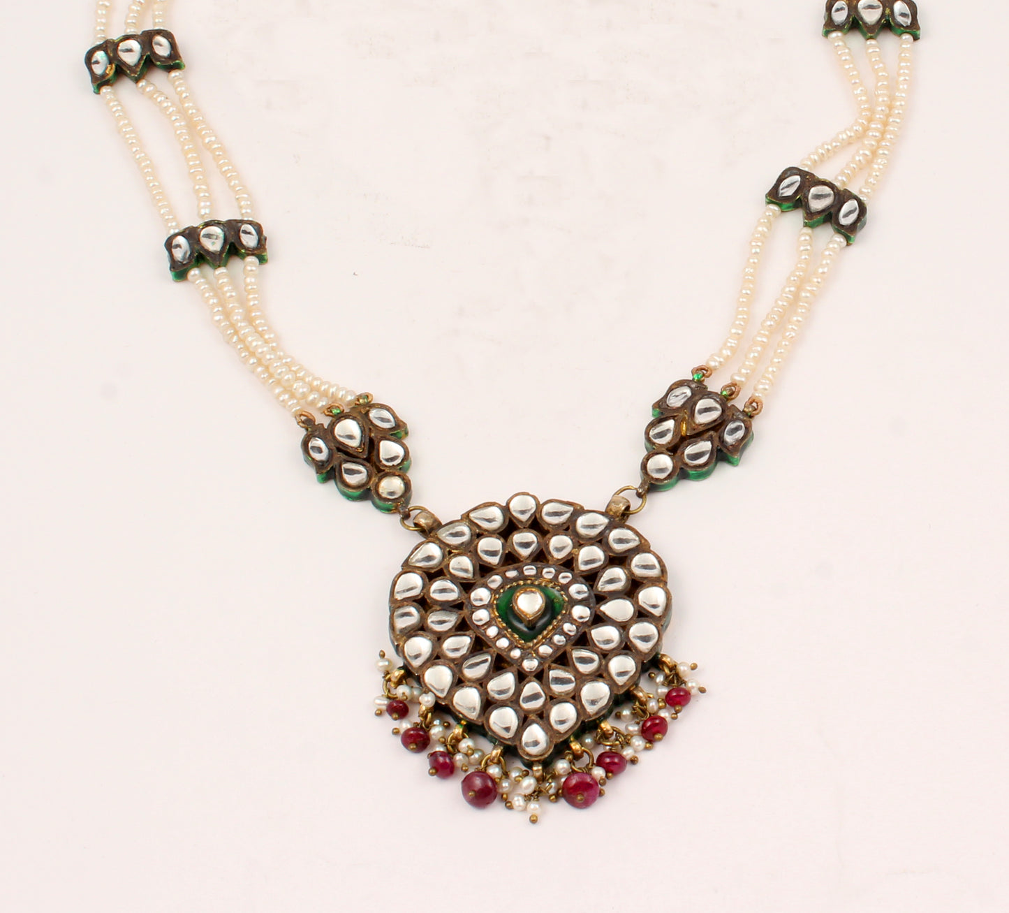 Ruby Emerald Pearl Silver Jewelry With Meena Set