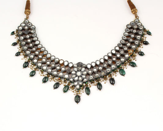 Emerald Pearl Silver Jewelry With Meena Set