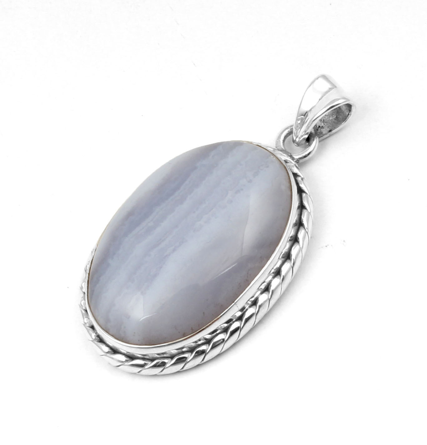 Natural Blue Lace Agate Pendant Twisted Wire Designer 925 Sterling Silver Handmade Gemstone Jewelry Gift For Her