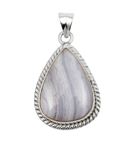 Twisted Wire Design Pear Blue Lace Agate Gemstone Pendant Handmade 925 Sterling Silver Pendant