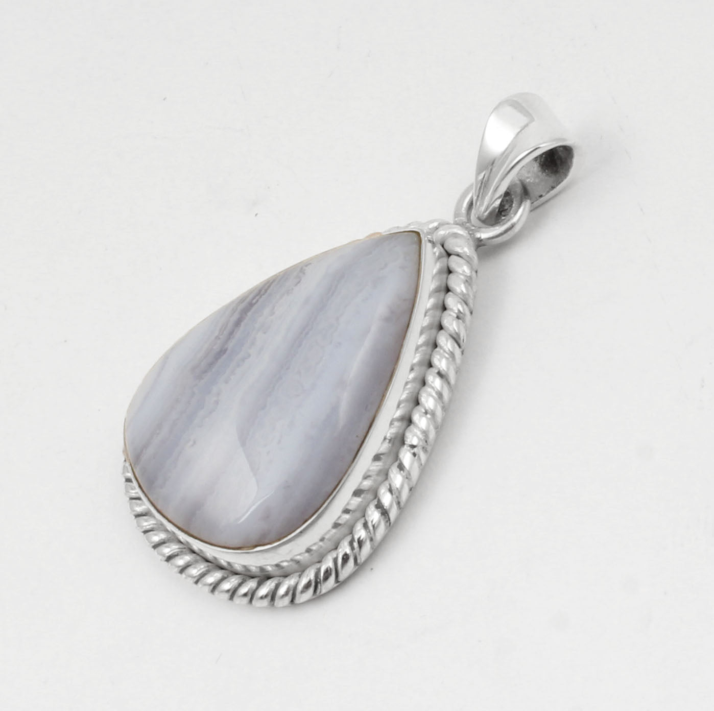 Twisted Wire Design Pear Blue Lace Agate Gemstone Pendant Handmade 925 Sterling Silver Pendant