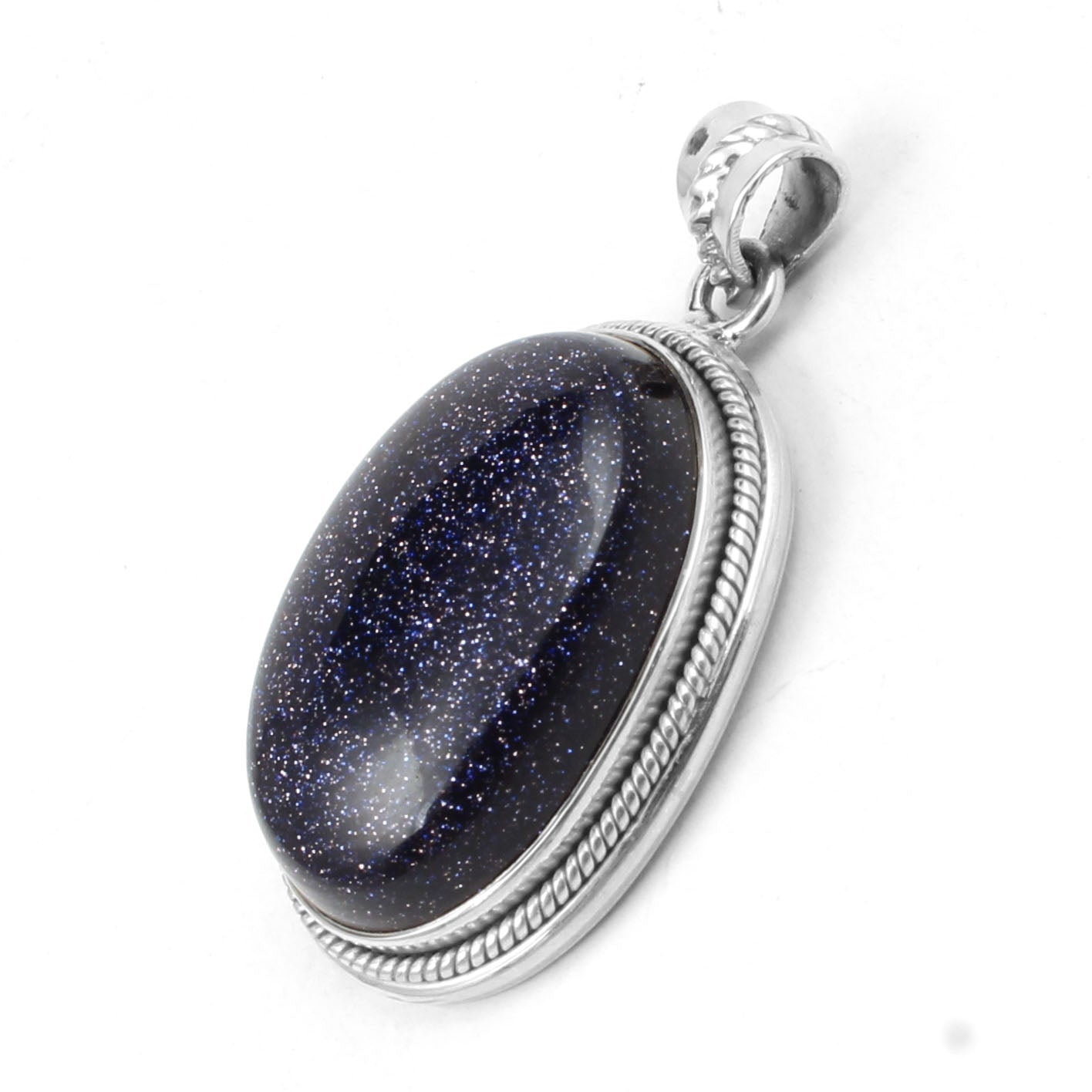 Blue Sandstone Pendant Oval Twisted Wire Designer 925 Sterling Silver Pendant Sparkling Blue Stone Pendant