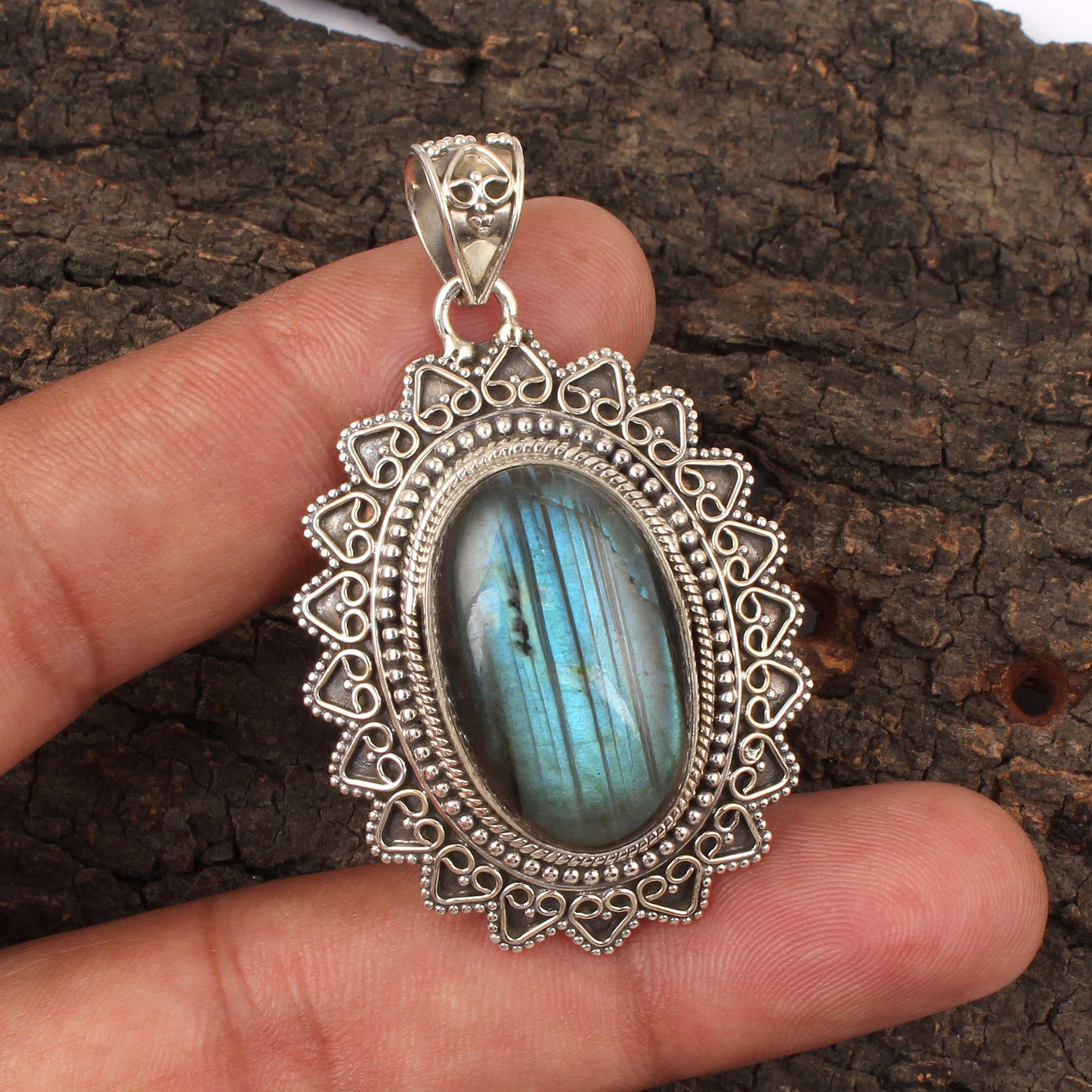 Vintage Blue Flashy Labradorite Gemstone Pendant Handmade Unique Artisan 925 Sterling Silver Pendant Gift For Her
