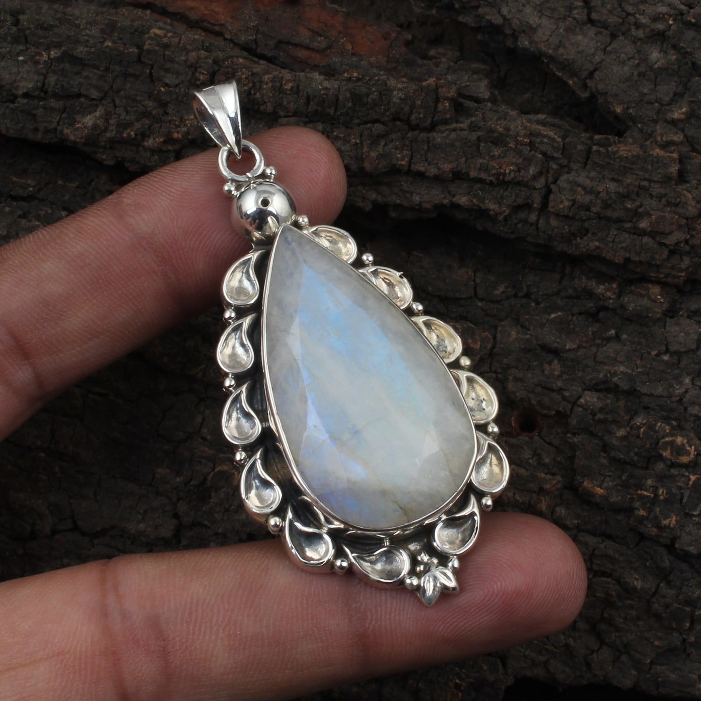 Designer Boho Rainbow Moonstone Pendant 925 Sterling Silver Handmade Natural Gemstone Pendant