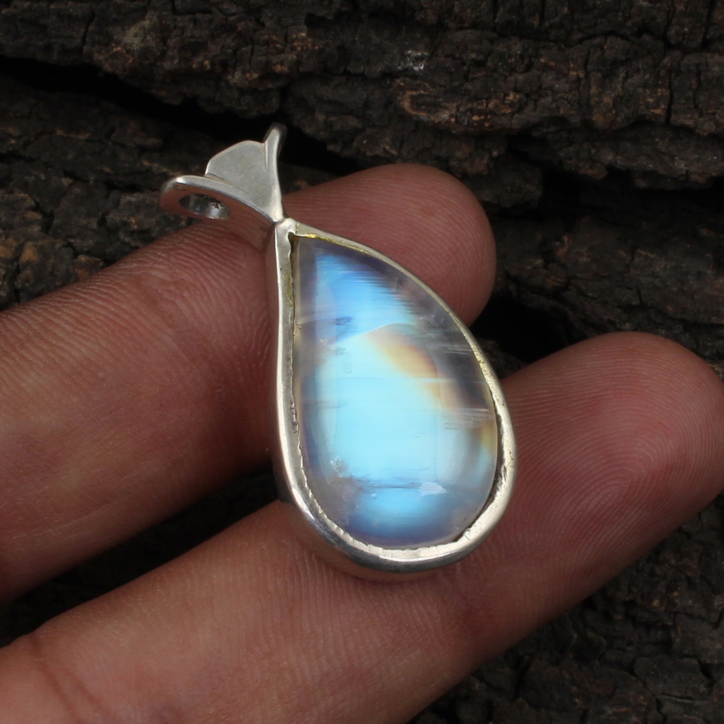 Blue Flashy Rainbow Moonstone Pendant Handmade 925 Sterling Silver Natural Gemstone Pendant